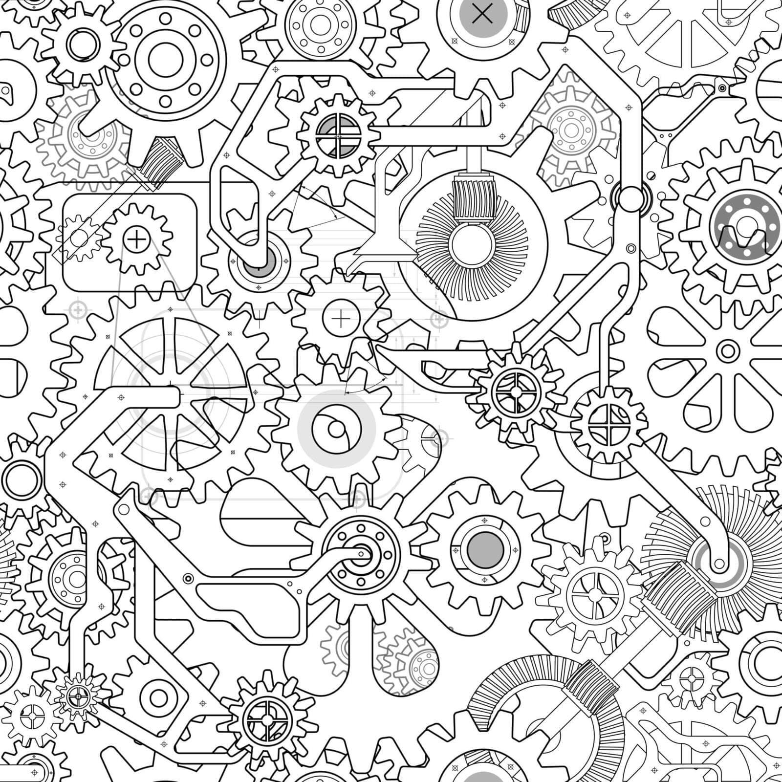 several gears and mechanical parts forming a complex machine
